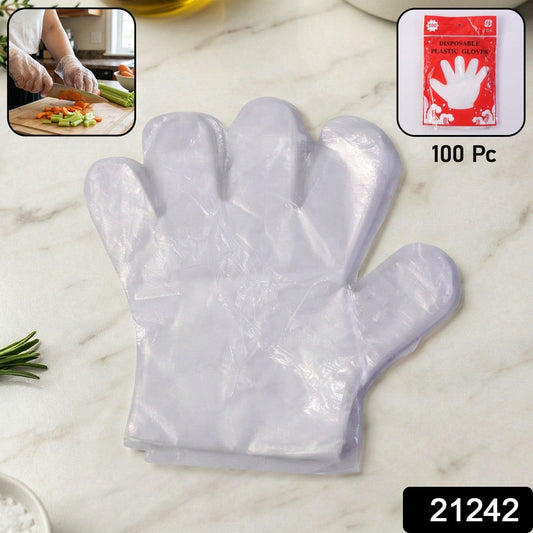 Hands wearing disposable transparent plastic gloves during food handling