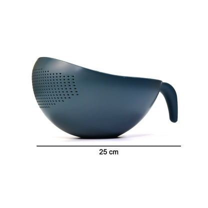 Side view of a thick plastic strainer basket, a versatile kitchen drainer.