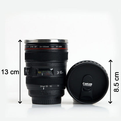 Top-down view of the camera lens mug, showing the sipping hole on the lid.