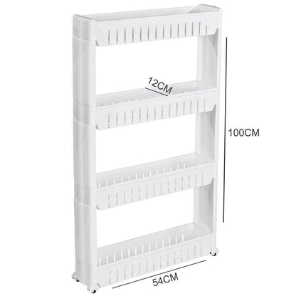 Close-up of the durable plastic construction of the 4-layer storage trolley.