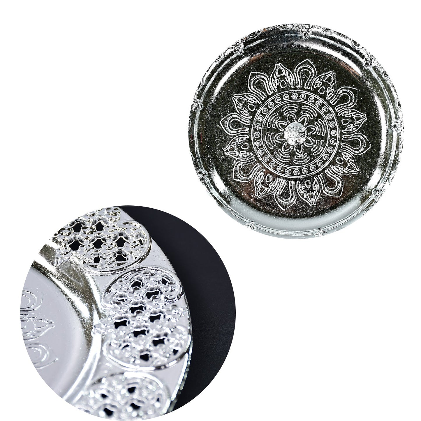 Durable plastic Pooja Thali in silver color for home decor and worship.