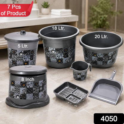 Close-up of the durable plastic bathroom set, showcasing the mug, soap case, and dustpan.
