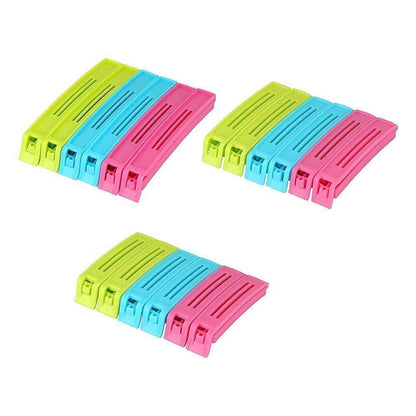 Variety of snack bags sealed effectively with Tidy Table's colourful clips.