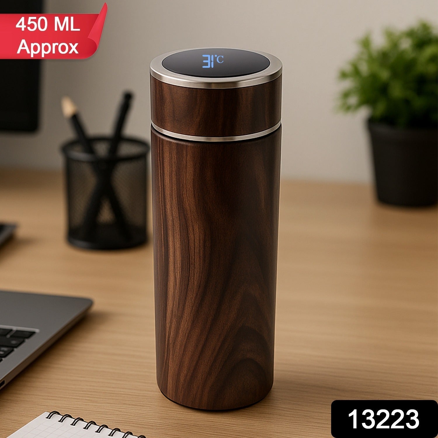 LED Display Thermos Bottle with Wood Texture