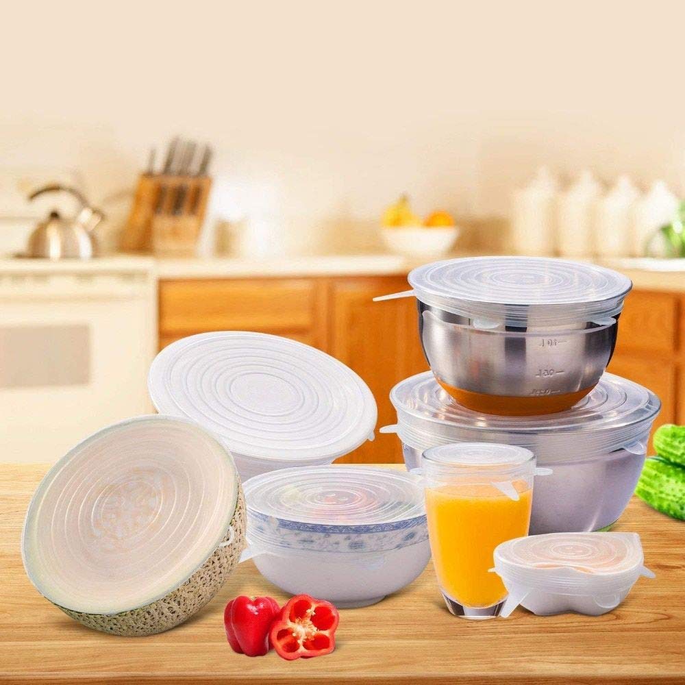 Eco-friendly reusable silicone food covers reducing plastic waste in kitchen.