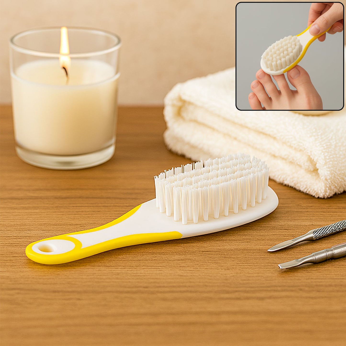 Close-up of the Velvet Wipe Handle Grip Nail Brush, showing its ergonomic handle and flexible bristles.