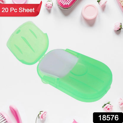 Mini travel soap sheet box holding 20 dissolvable sheets for hand hygiene