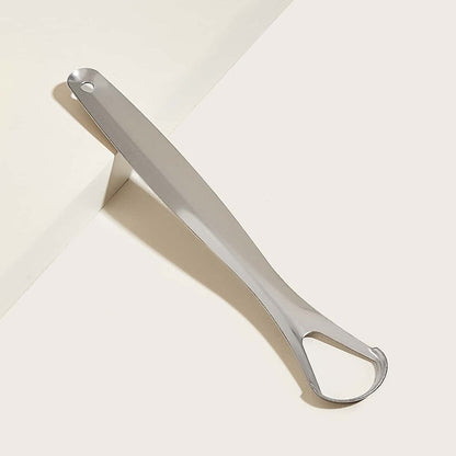 Stainless steel tongue scraper with its metal travel case.