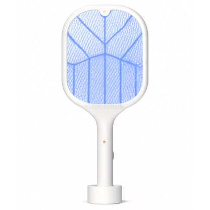 Mosquito killer racket standing upright on its USB charging base.