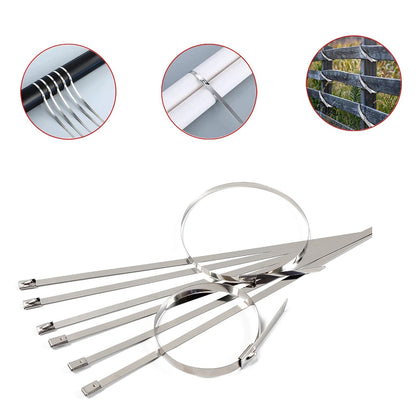 Heavy-duty stainless steel cable tie used for securing solar panel wiring on a rooftop.