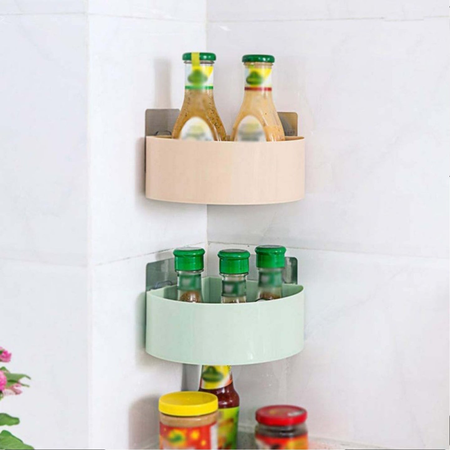 View of the adhesive corner shelf from a different angle.