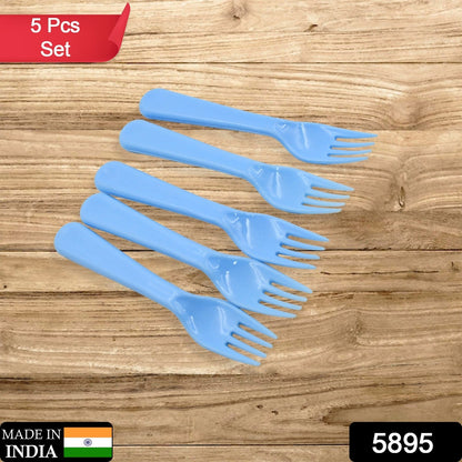 The 5-piece set of durable reusable plastic forks, ideal for kitchen, travel, and party use.