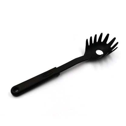 A black non-stick pasta server holding a generous portion of freshly cooked spaghetti.