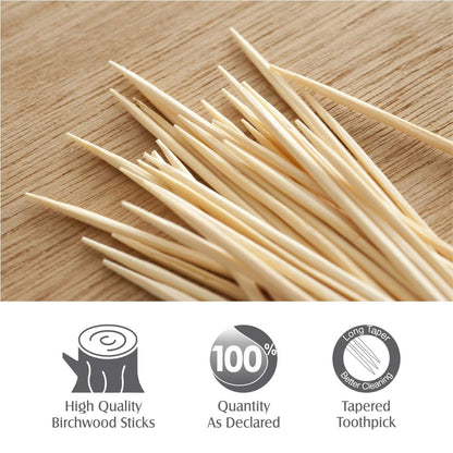 Close-up of a pack of 250 birchwood toothpicks with its hygienic dispenser box.
