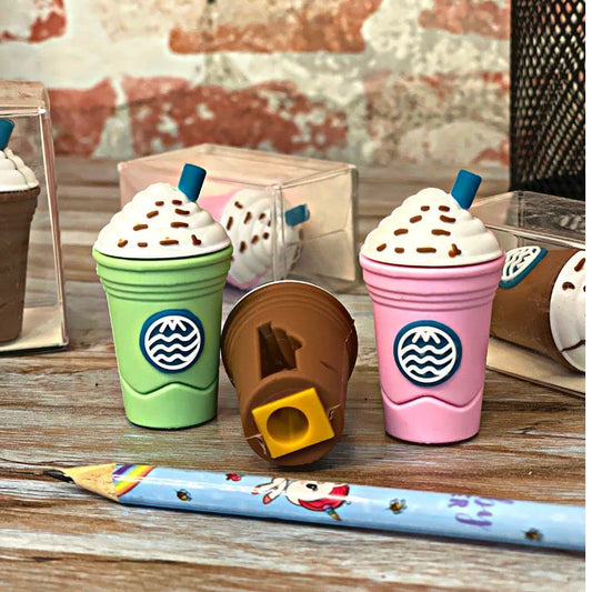 A coffee-shaped cute pencil sharpener displayed prominently.