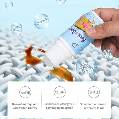 Stain remover roller shown tackling various types of fabric stains.