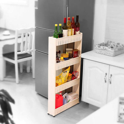 Slim 4-layer multipurpose organizer rack with items, perfect for narrow spaces.