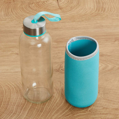 Stylish glass water bottle, 500ml, showcasing its colorful sleeve.
