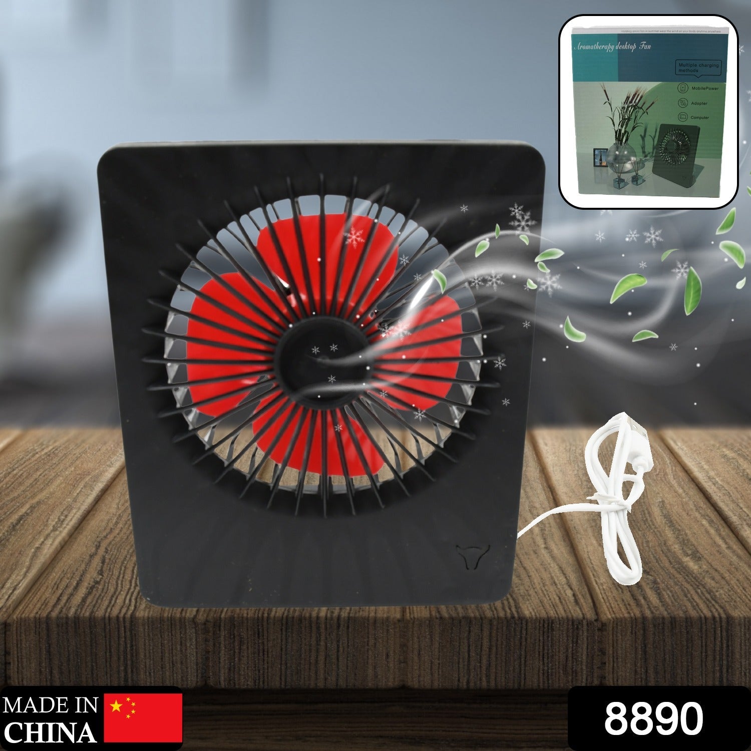 Compact portable desk fan on a wooden table, powered by USB for versatile use.