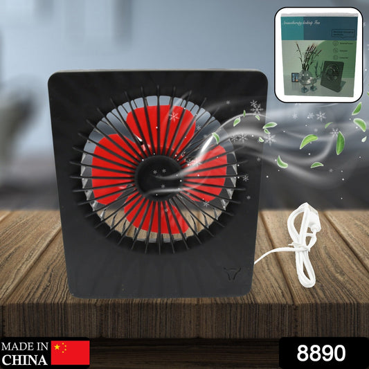 Compact portable desk fan on a wooden table, powered by USB for versatile use.