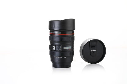 Portable camera lens flask with lid, a stylish accessory for on-the-go sips.