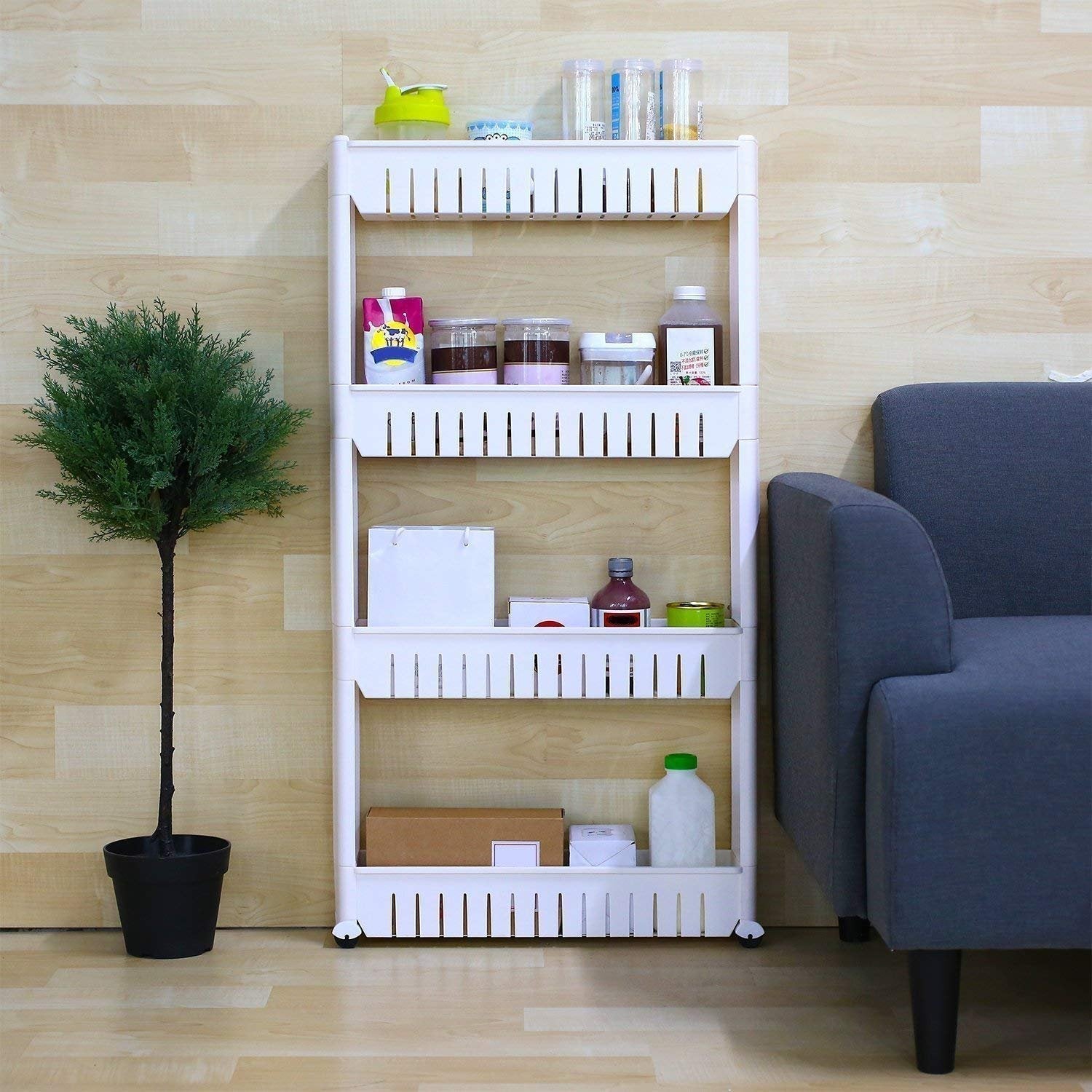 Multipurpose storage rack being easily moved with its built-in wheels.