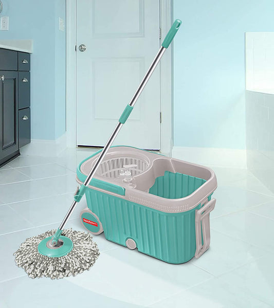 Ganesh 360 Spin Mop with Wheels, showcasing auto-fold handle and microfiber head.