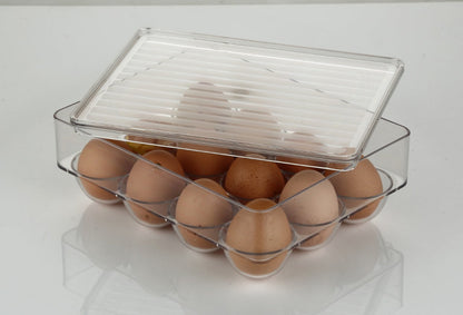 Stackable egg storage box with 12 compartments, shown empty.