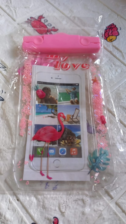 Clear waterproof phone pouch with adjustable belt for outdoor protection.