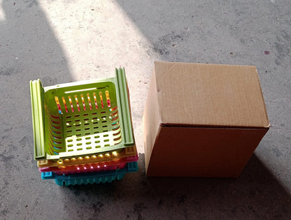 Colorful storage baskets in a refrigerator, demonstrating versatile use.