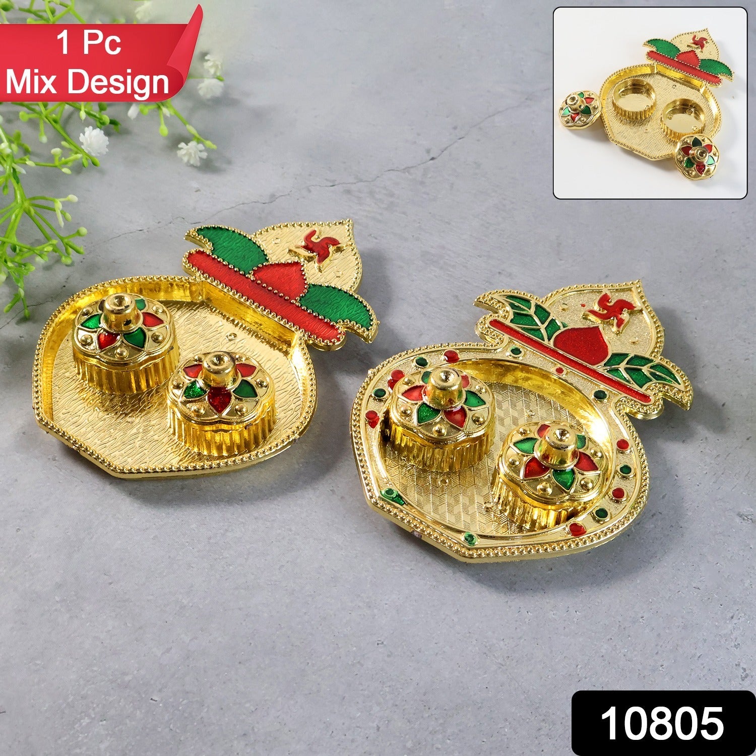 Kalash-shaped kumkum box displaying dual removable dishes for roli and haldi