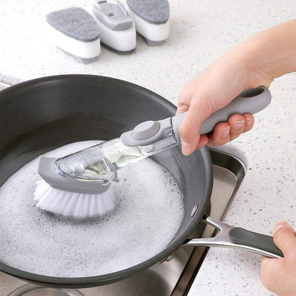 Scrubber brush with integrated soap dispenser and comfortable non-slip handle.