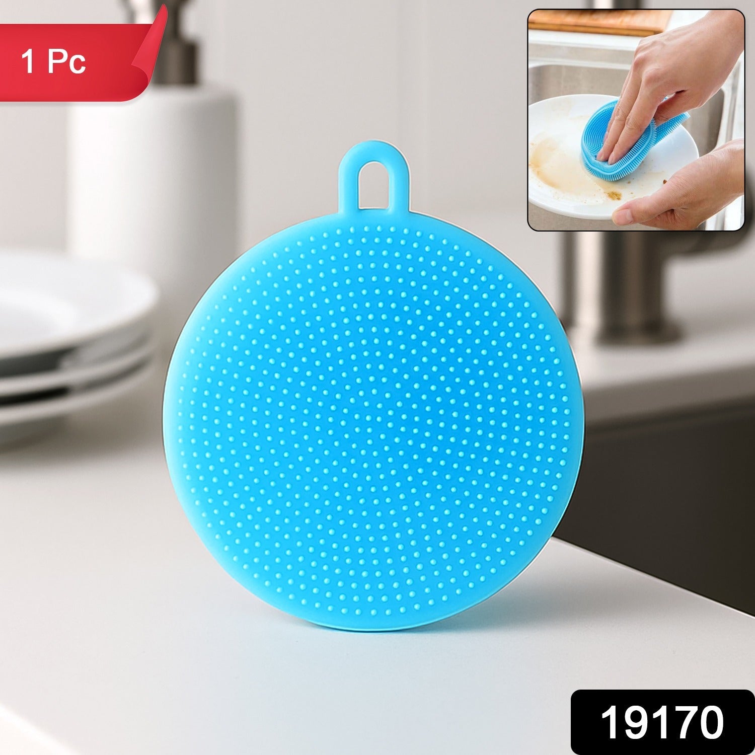 Heat resistant sky blue silicone dish scrubber for gentle dish cleaning