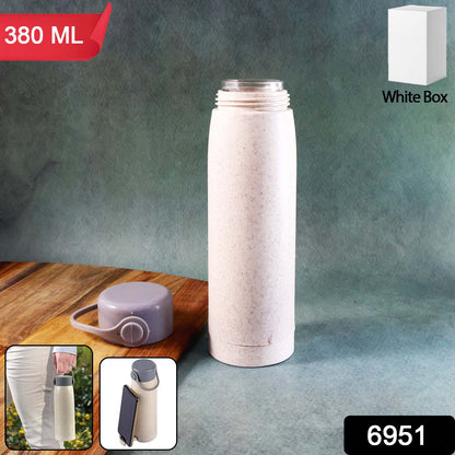 Side angle of the borosilicate glass water bottle, showcasing its sleek design and phone holder.