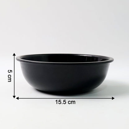 Black plastic serving bowl with dimension markings graphic