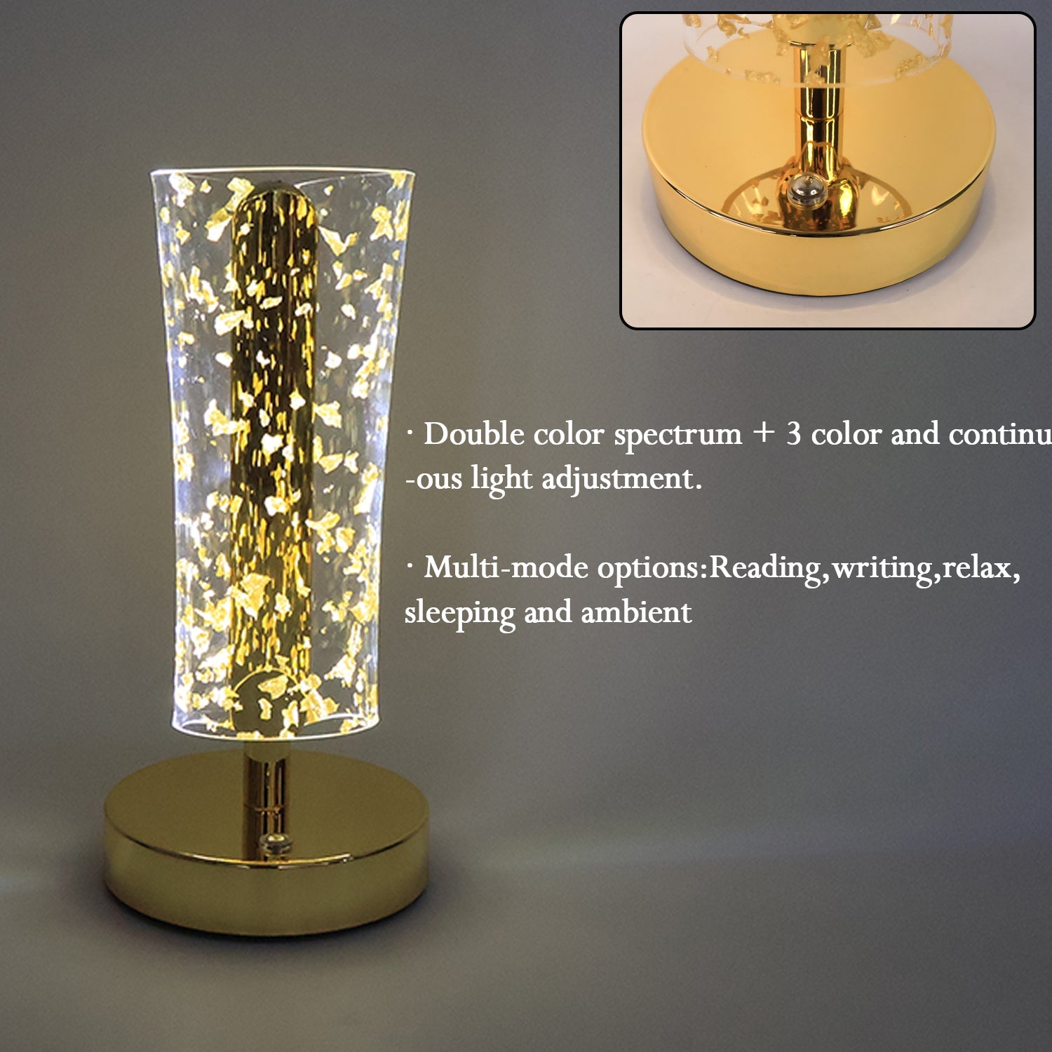 Close-up of golden metallic base and crystal acrylic shade with flakes lamp