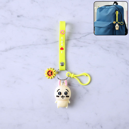 Colorful cartoon bunny silicone keychain with decorative strap and clip