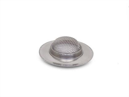 A single stainless steel sink strainer ready to be installed.