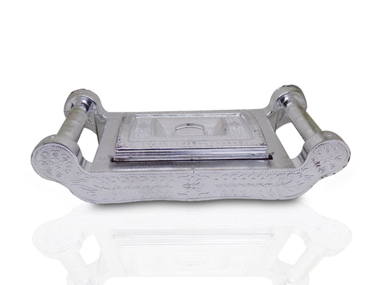 Elegant silver storage box with four sections for gifts and dry fruits.