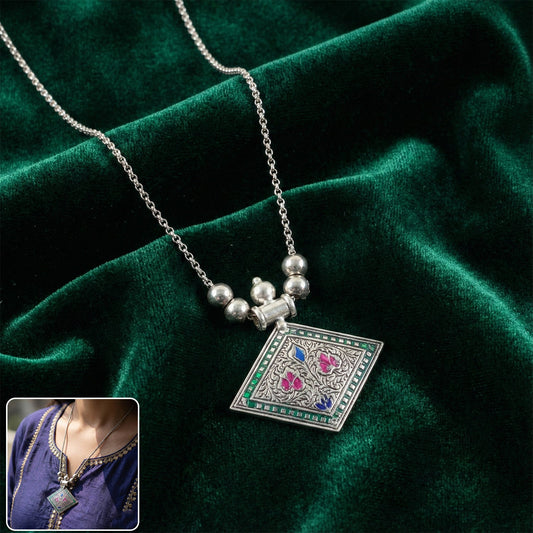Traditional square motif oxidised silver pendant necklace with floral detailing