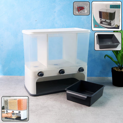 Wall-mounted 3-in-1 cereal dispenser with clear compartments, shown full of grains.