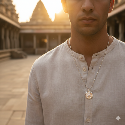 Top view of the silver-tone Hanuman Locket Necklace, highlighting its craftsmanship.
