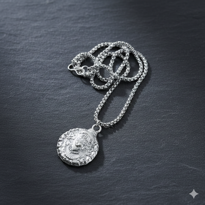 Hanuman Locket Necklace, a silver-tone pendant with chain, displayed on a clean white background.