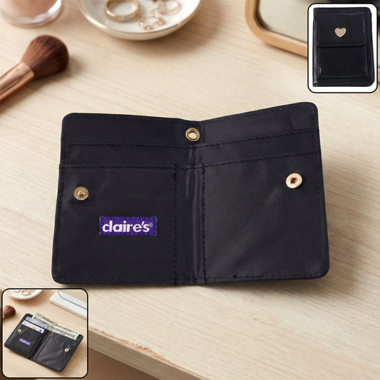 Compact card holder wallet with snap button closure showing front view