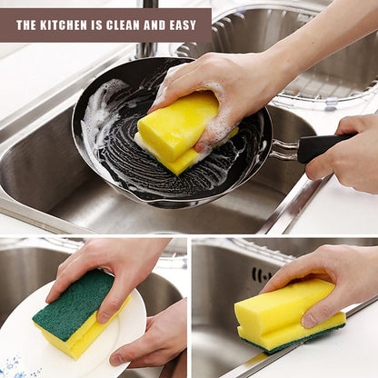 Hand holding the dual-sided scrub sponge for kitchen and sink cleaning tasks.