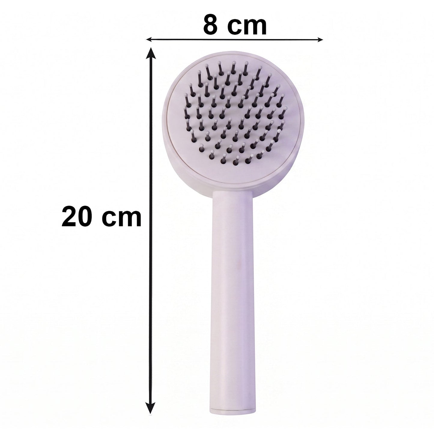 Ergonomic, non-slip handle of the Self-Cleaning Hair Brush for comfortable grip.