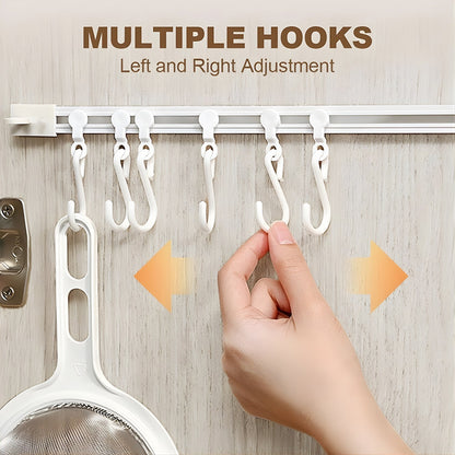 Kitchen organizer tool rack with adjustable hooks and adhesive mount