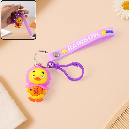 Cartoon duck keychain with colorful rainbow strap and clip hook