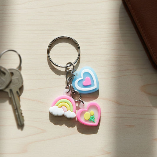 Heart and rainbow charm keychain with multiple colorful hanging charms