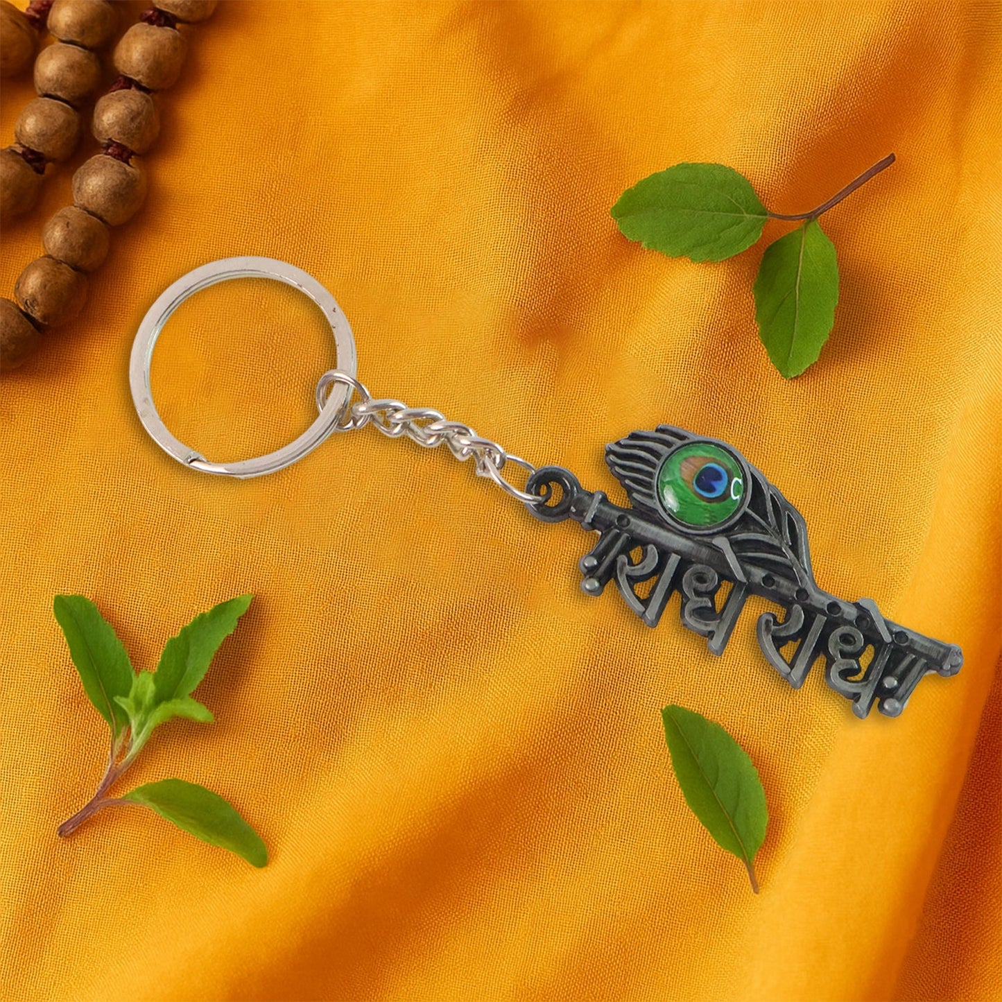 Side angle of Krishna metal keychain emphasizing craftsmanship and design.